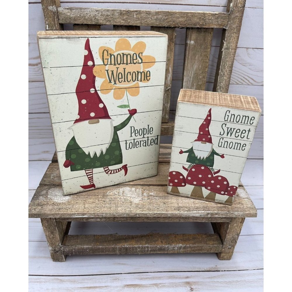 Gnome sign set for tiered trays spring set of 2 wooden decor gnome sweet gnome